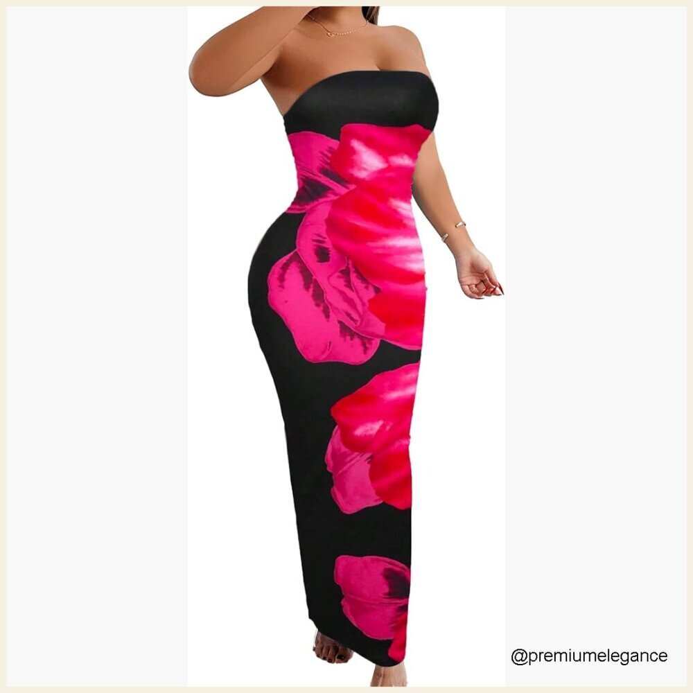 Strapless Bodycon Maxi Dress, Floral Print, Chiffon Blend, Summer Beach